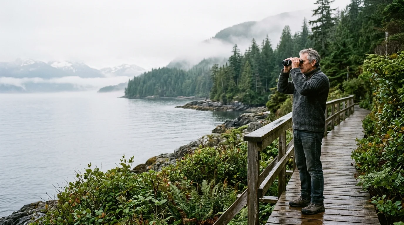 A man in a wool sweater stands on a foggy Canadian boardwalk, looking out at the calm ocean and pine forests with binoculars.