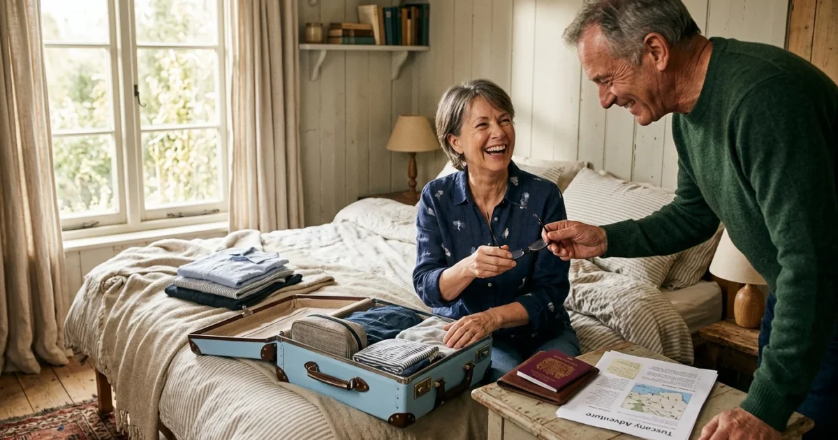 A mature couple laughing while packing a suitcase in a bright bedroom, showcasing travel planning and active retirement.