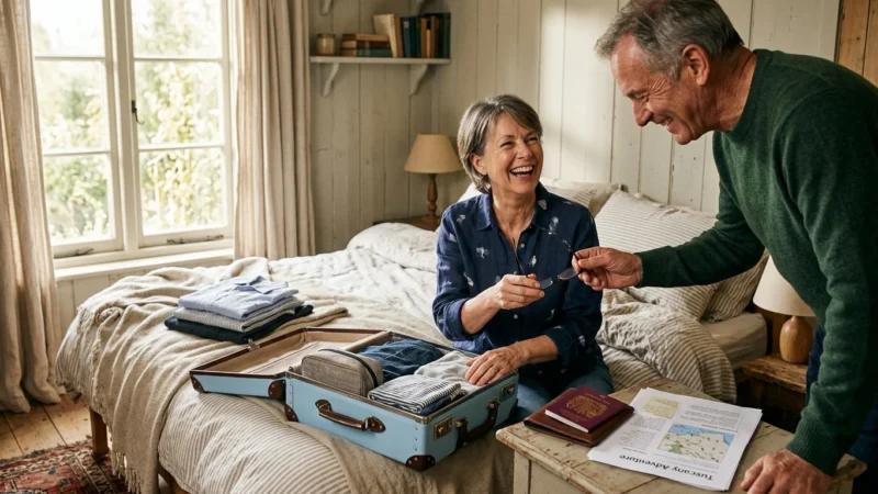 A mature couple laughing while packing a suitcase in a bright bedroom, showcasing travel planning and active retirement.