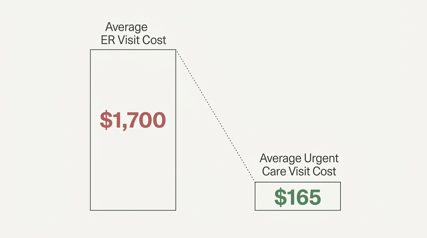 A minimalist chart comparing the $1,700 average cost of an emergency room visit with the $165 average cost of an urgent care visit.