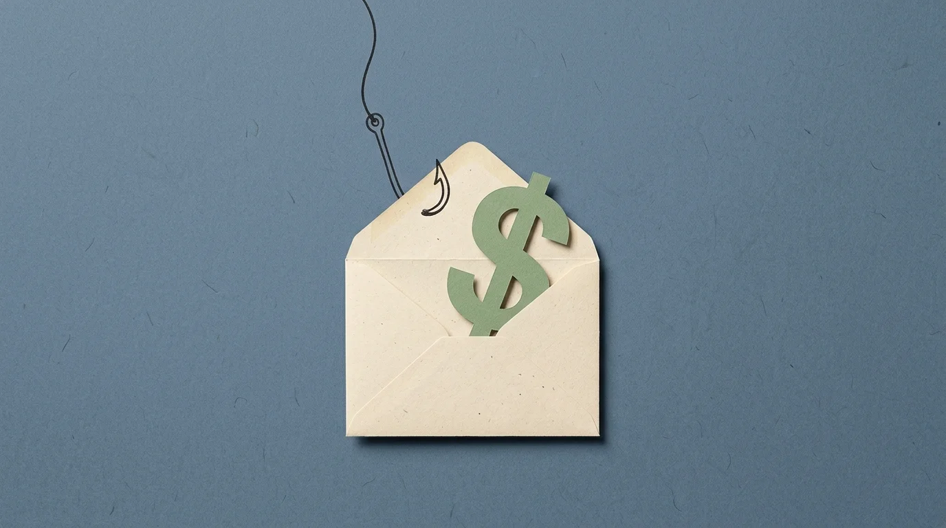 A minimalist collage of a fishing hook dipping into a paper envelope to capture a green dollar sign.