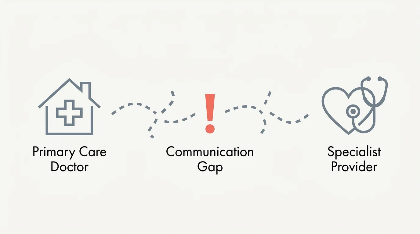 A minimalist diagram illustrating a communication gap between a primary care doctor and a specialist.