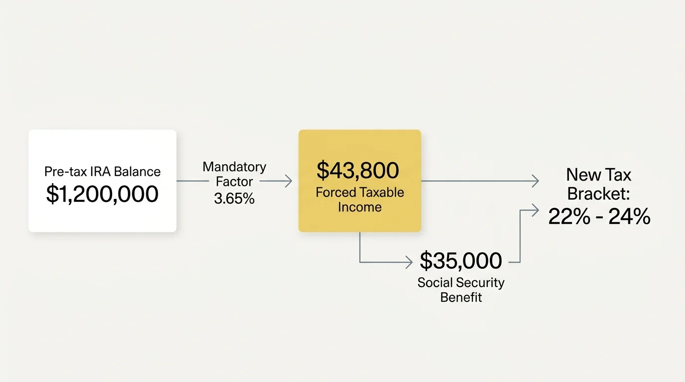 A minimalist diagram illustrating the calculation of a 3.65 percent Required Minimum Distribution from a 1.2 million dollar IRA.