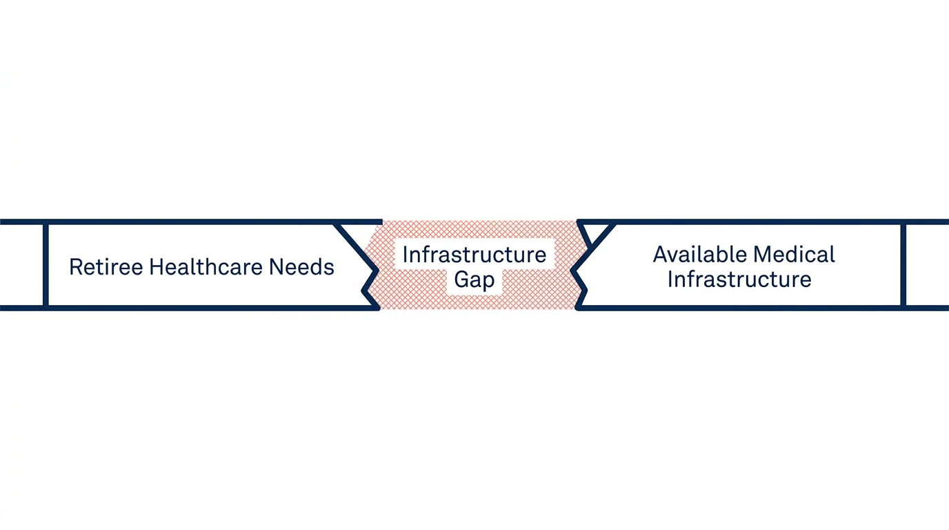 A minimalist diagram of a bridge with a gap in the center, representing a healthcare infrastructure gap.