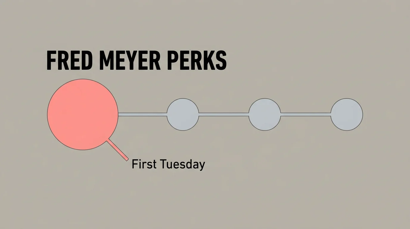 A minimalist horizontal timeline infographic highlighting the First Tuesday of the month for shopping perks.