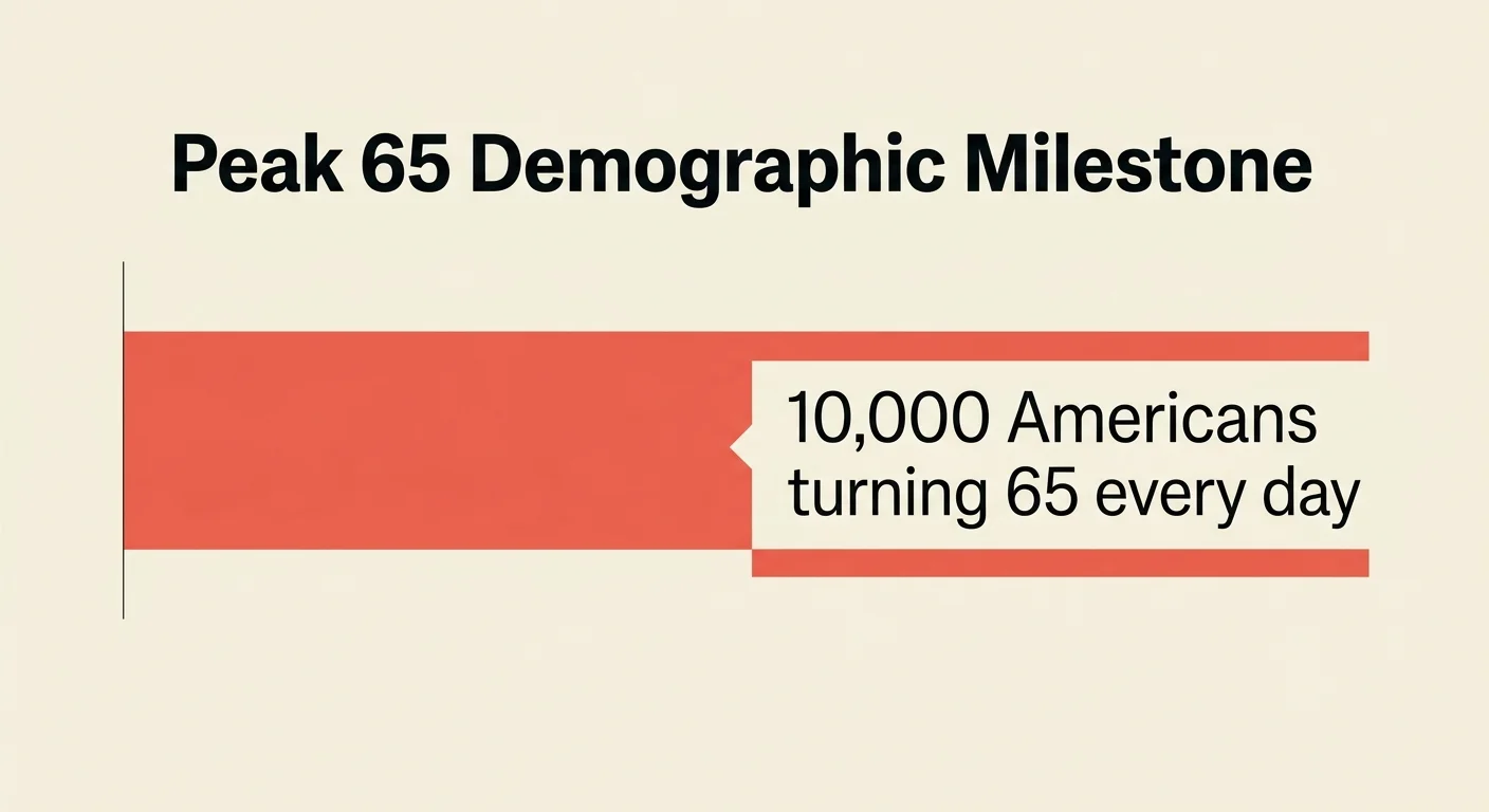 A minimalist infographic showing a single bar chart representing the 10,000 Americans turning 65 every day.