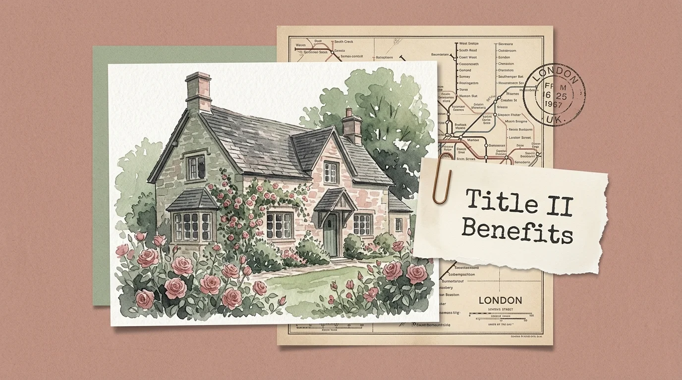 A mixed-media collage featuring a watercolor English cottage, a vintage London map, and a paper tag reading 'Title II Benefits'.