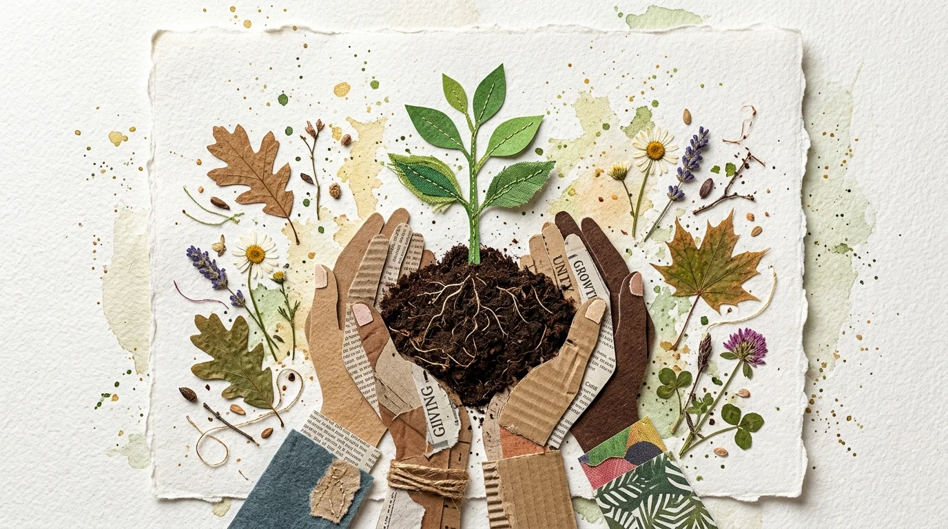 A mixed-media collage of hands of different generations holding soil and a green sapling, symbolizing community giving.