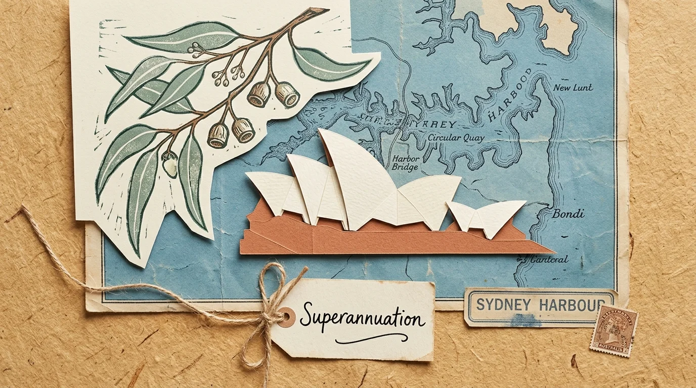 A mixed-media collage with a Sydney map, a block-printed eucalyptus branch, and a paper tag reading 'Superannuation'.