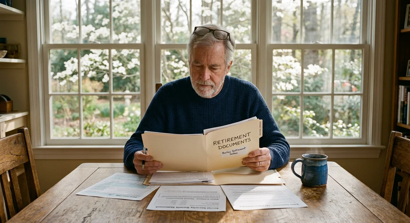 A nostalgic 35mm film photo of an older man reviewing tax documents at an oak table in North Carolina.