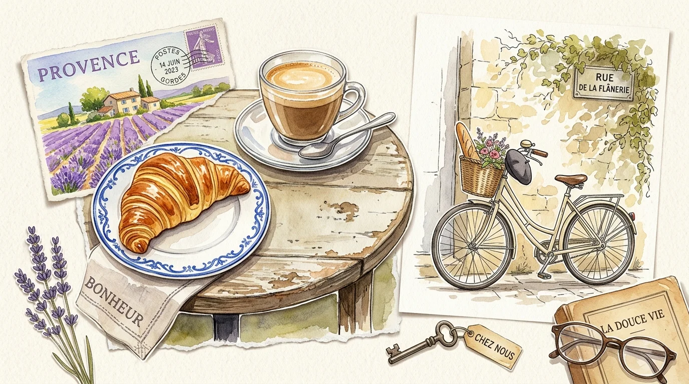 A paper-cut collage of a watercolor croissant, café au lait, and a vintage postcard of a French lavender field.
