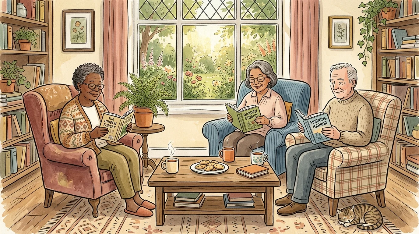 A peaceful illustration of three retired adults sitting in a cozy room, reading their own books quietly over tea.