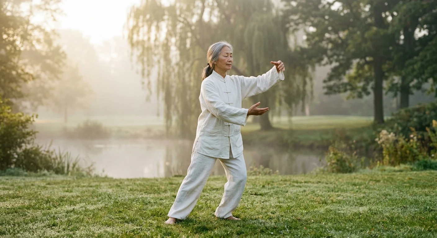 A peaceful photo of an older woman practicing Tai Chi in a misty park during a golden sunrise.