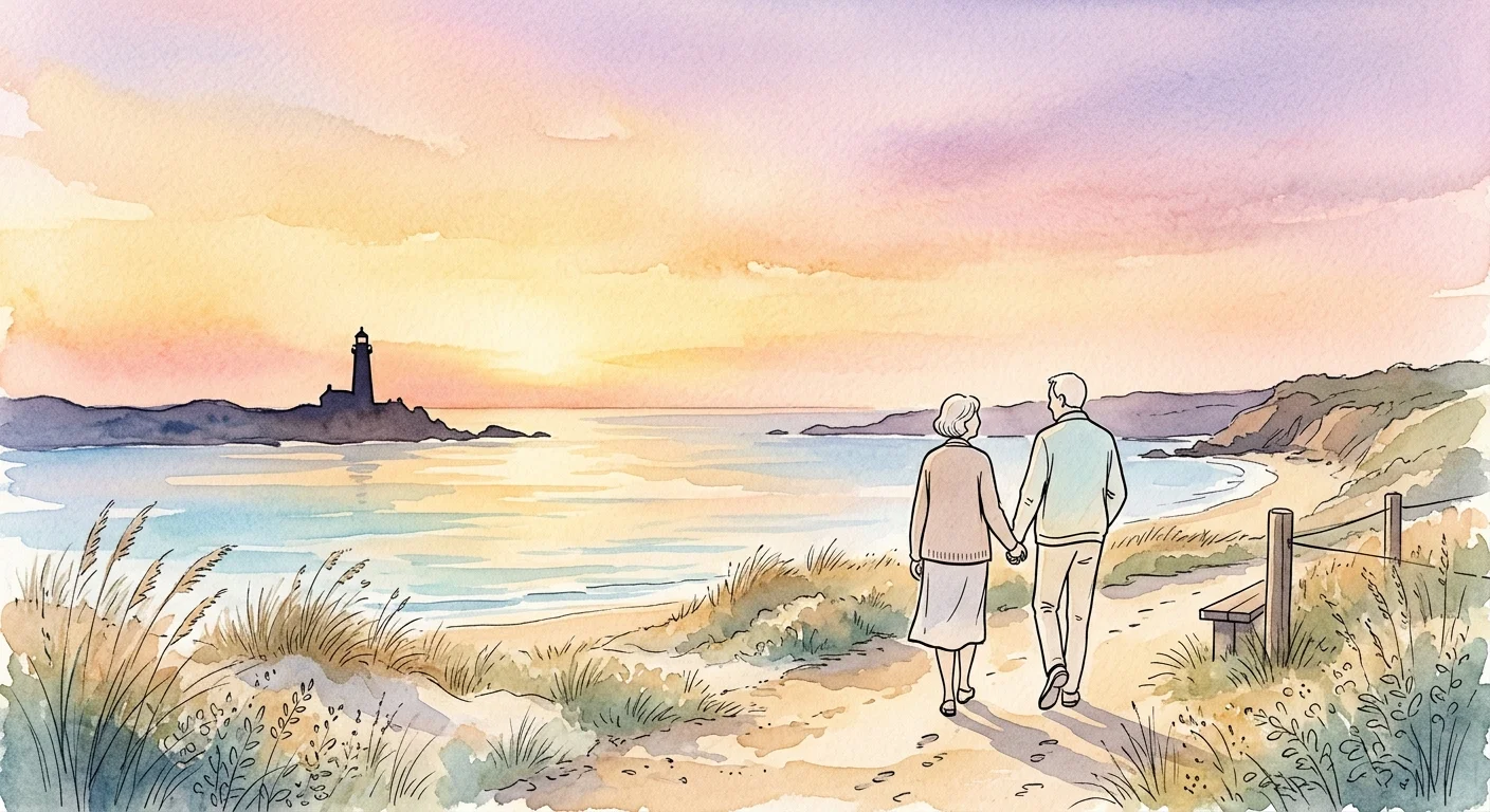 A peaceful watercolor illustration of a senior couple walking along a coastal path during a golden sunset.