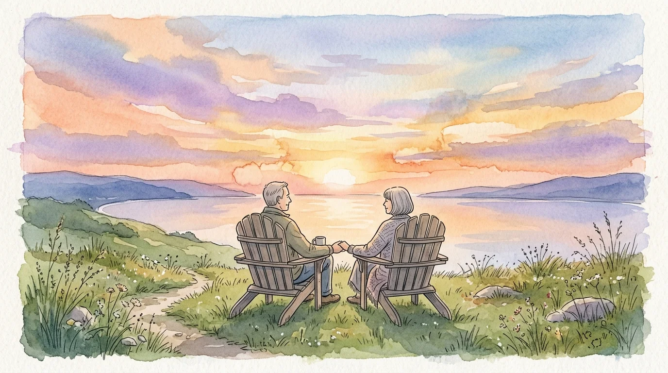 A peaceful watercolor illustration of a senior couple watching a beautiful sunset from Adirondack chairs on a hill.
