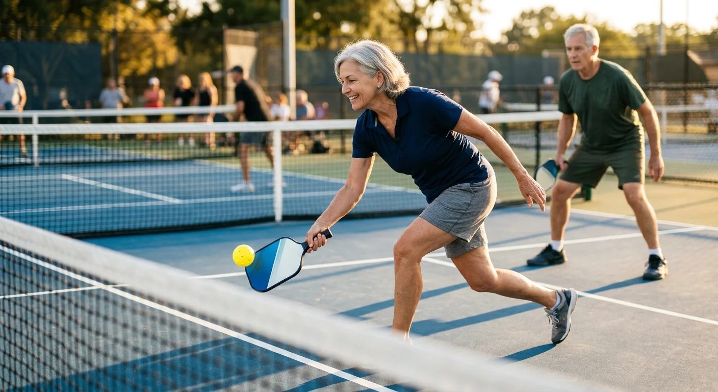 A photograph of an older woman playing pickleball on an outdoor court during a sunny afternoon.