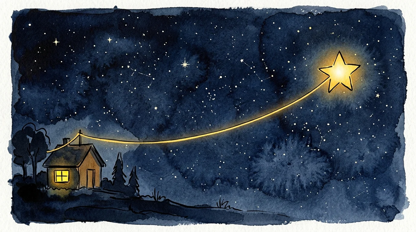 A poetic watercolor illustration of a glowing gold line connecting a cozy home under a starry night to a bright, warm star.