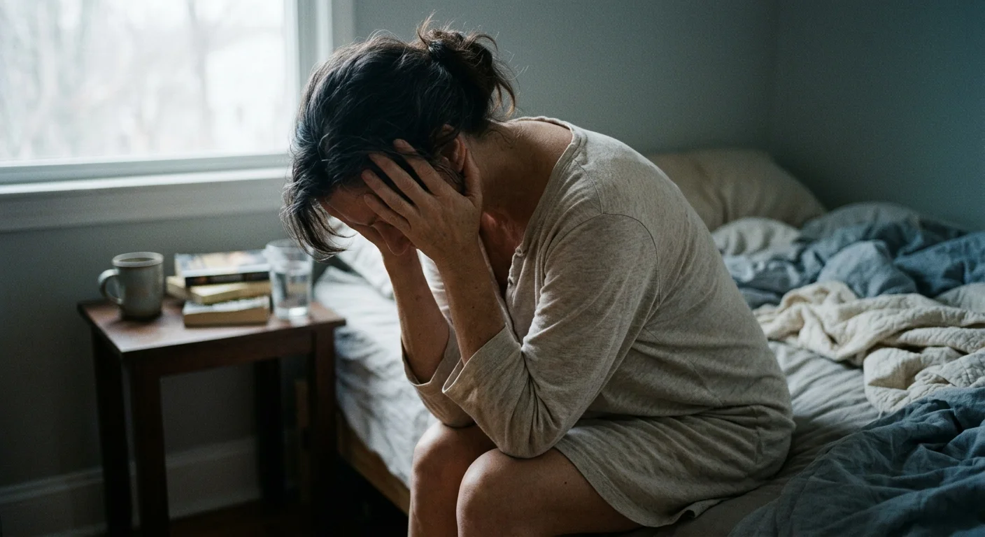 A quiet, respectful portrait of a weary woman sitting on the edge of her bed in the soft morning light, reflecting exhaustion.