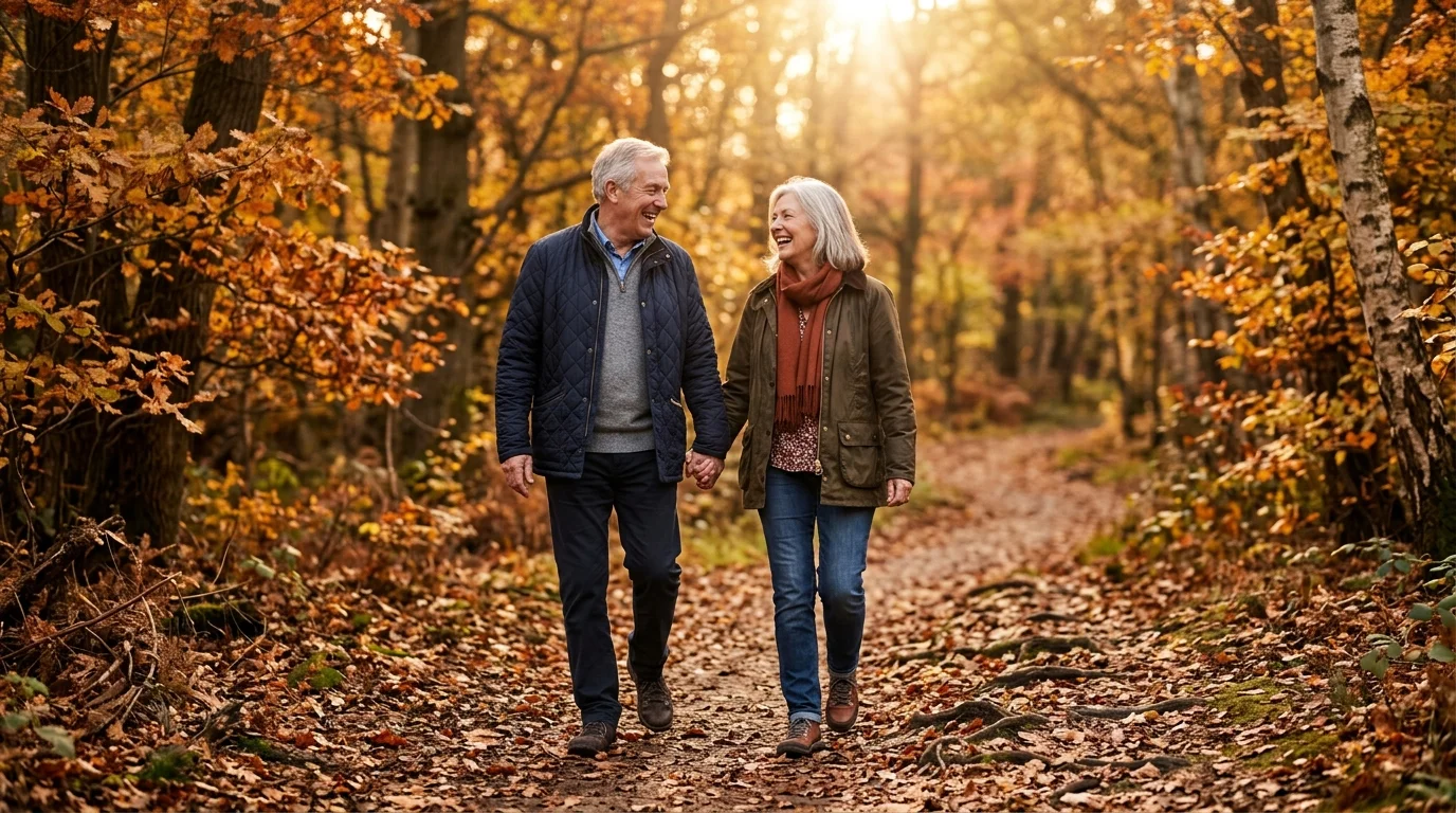 A retired couple enjoys a scenic outdoor walk during golden hour, reflecting a worry-free, blissful retirement.