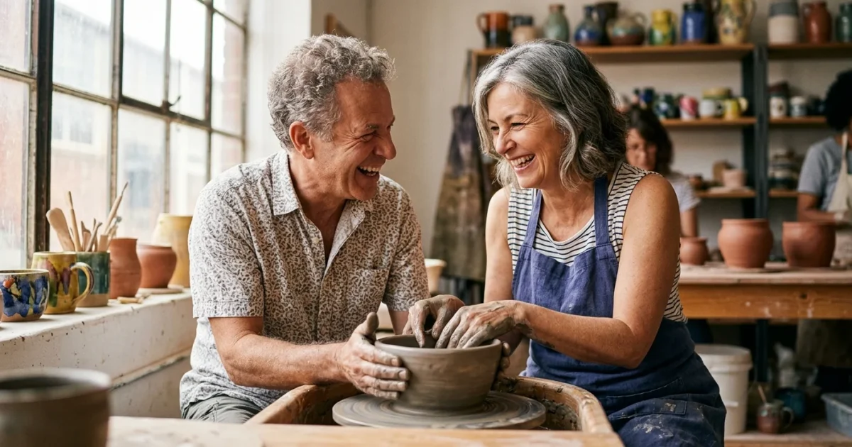 A retired couple laughing while shaping a clay bowl on a spinning potter's wheel in a sunlit pottery studio.
