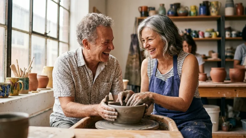 A retired couple laughing while shaping a clay bowl on a spinning potter's wheel in a sunlit pottery studio.