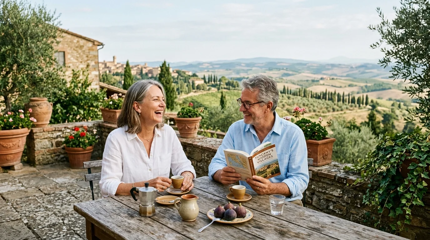 A retired couple laughs together on a rustic patio overlooking the scenic rolling hills of Tuscany, Italy, in warm morning sun.