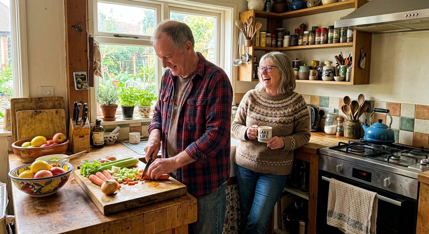 A retired couple laughs together while preparing a meal in their warm, sunlit kitchen.