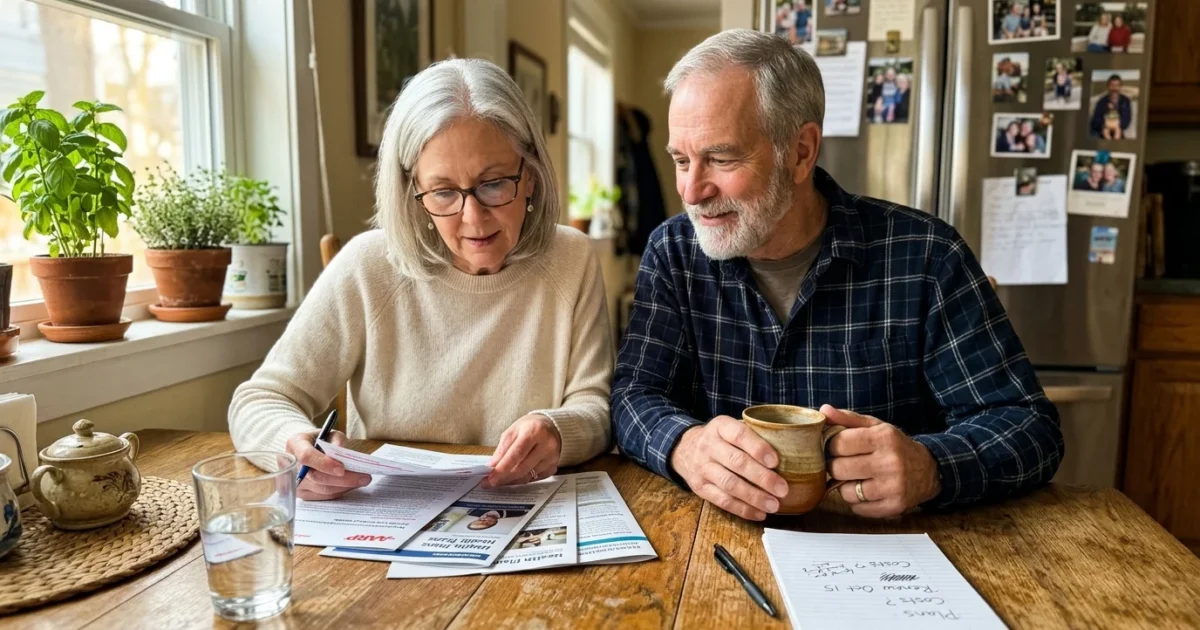 A retired couple sits at a sunlit kitchen table, calmly reviewing healthcare documents together over morning coffee.