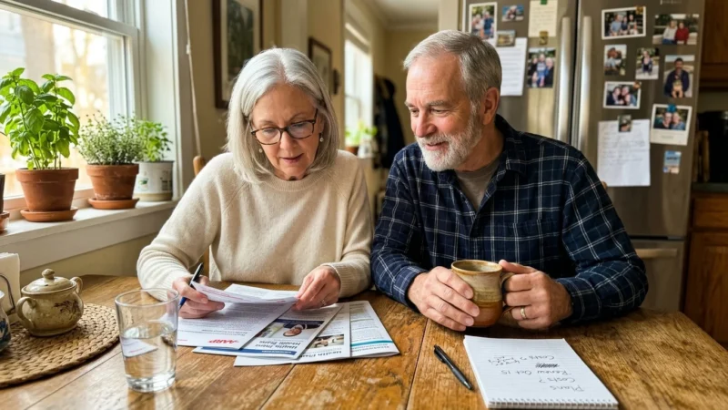 A retired couple sits at a sunlit kitchen table, calmly reviewing healthcare documents together over morning coffee.