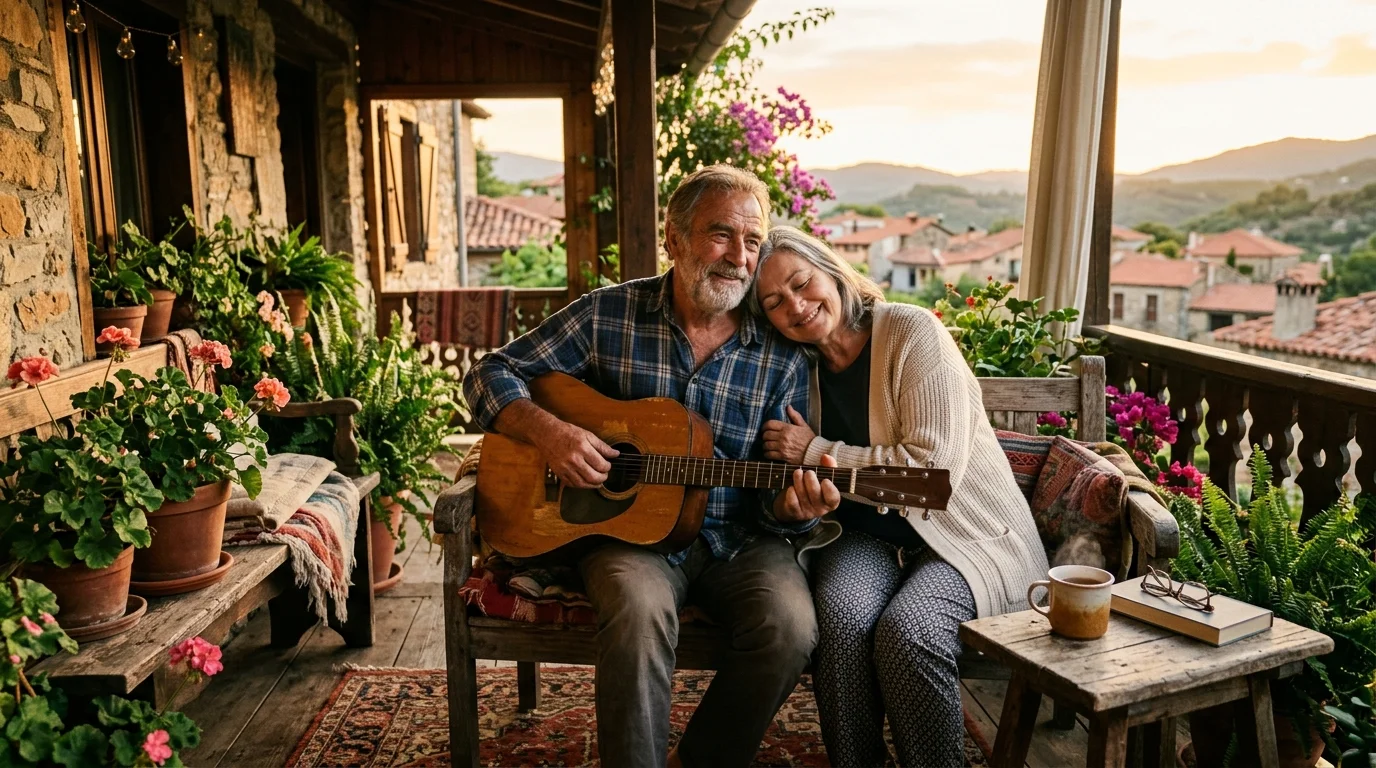 A retired couple sits on a sunlit porch filled with plants, the man playing guitar while the woman rests her head on his shoulder.