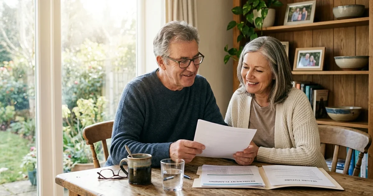 A retired couple sits peacefully at home by a sunlit window, reviewing records with confidence and peace of mind.