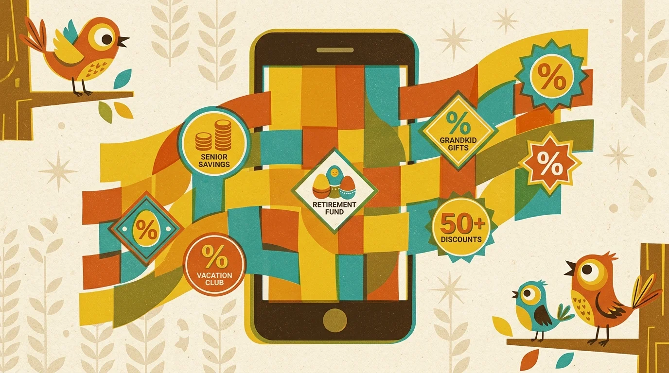 A retro-style screenprint illustration of a smartphone sprouting a tapestry of colorful discount savings badges.