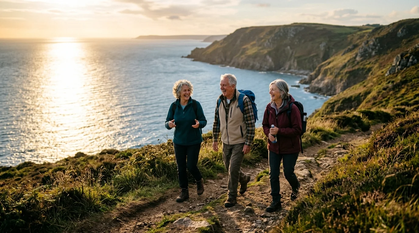 A scenic photo of active older adults hiking along a coastal trail at golden hour, laughing and talking.