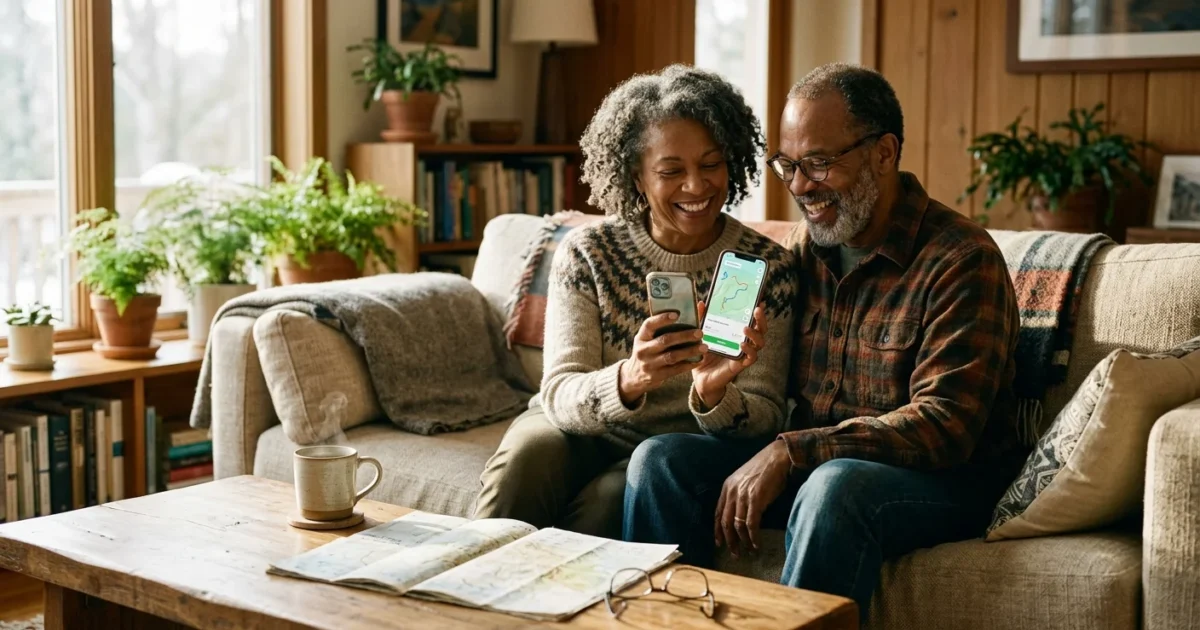 A senior couple in a sunny living room smiling together while looking at a smartphone.