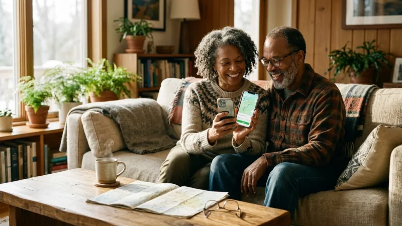 A senior couple in a sunny living room smiling together while looking at a smartphone.