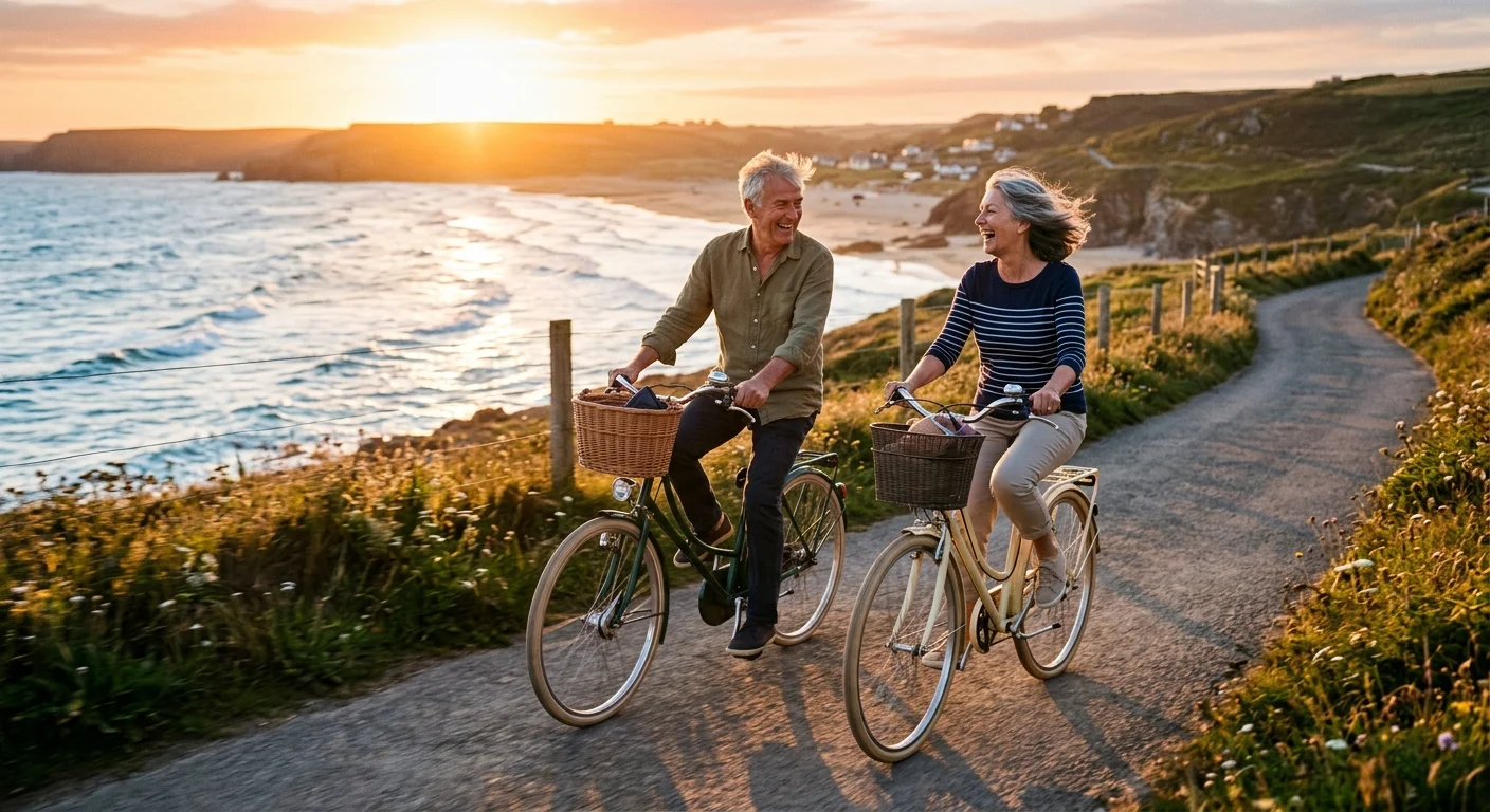 A senior couple laughing as they ride bicycles along a scenic ocean pathway at sunset.