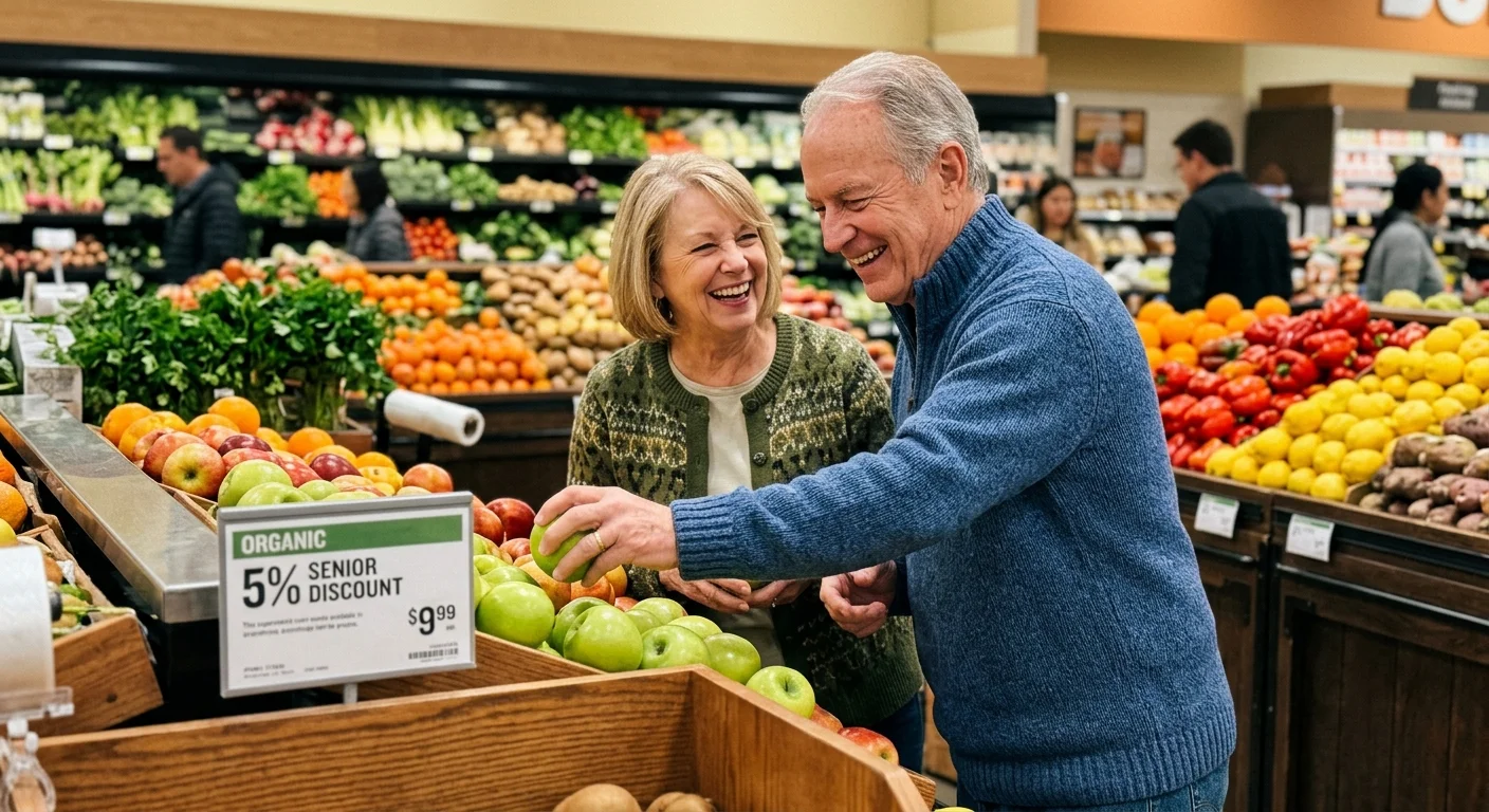 A senior couple laughs together while picking out fresh green apples in a brightly lit grocery store produce aisle.