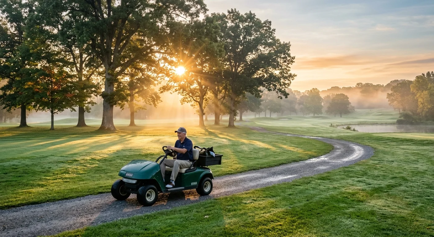 A senior man driving a utility cart along a misty golf course path at sunrise.