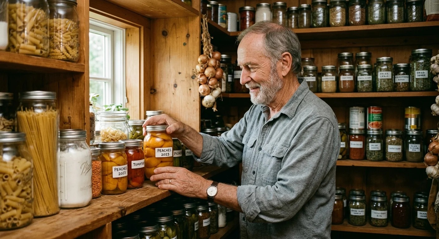 A senior man organizing jars of preserved fruit on a rustic wooden shelf in a sunlit home pantry.