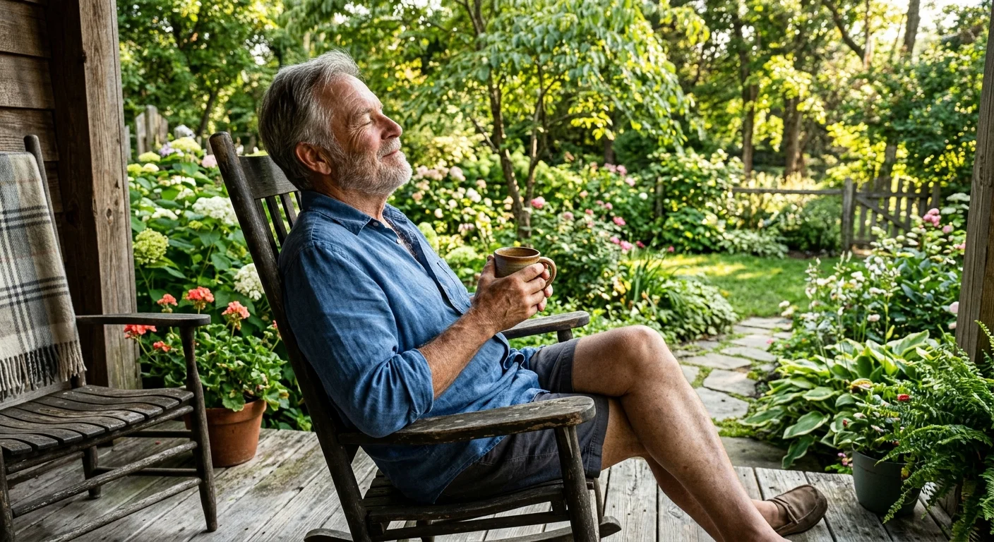 A senior man sitting on a sunny porch holding a mug, looking relaxed and relieved as he enjoys his backyard.