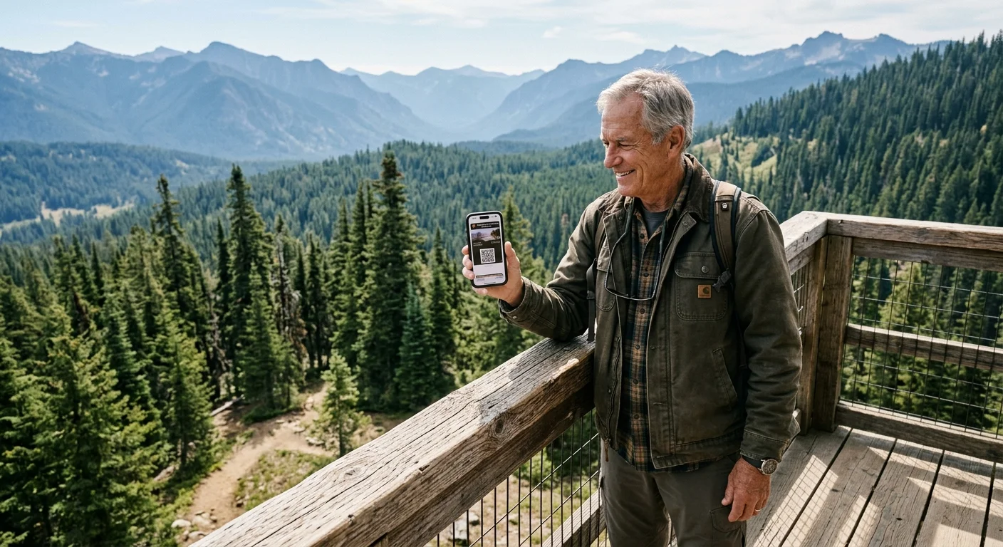 A senior man stands at a national park overlook holding a smartphone with a digital pass displayed on the screen.
