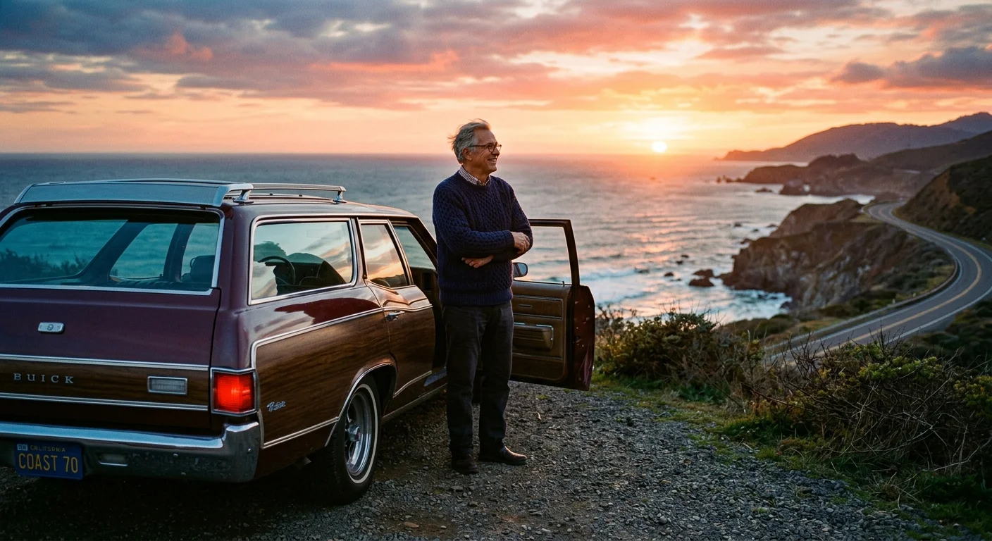 A senior man stands by his car at a coastal overlook during a warm, golden sunset.