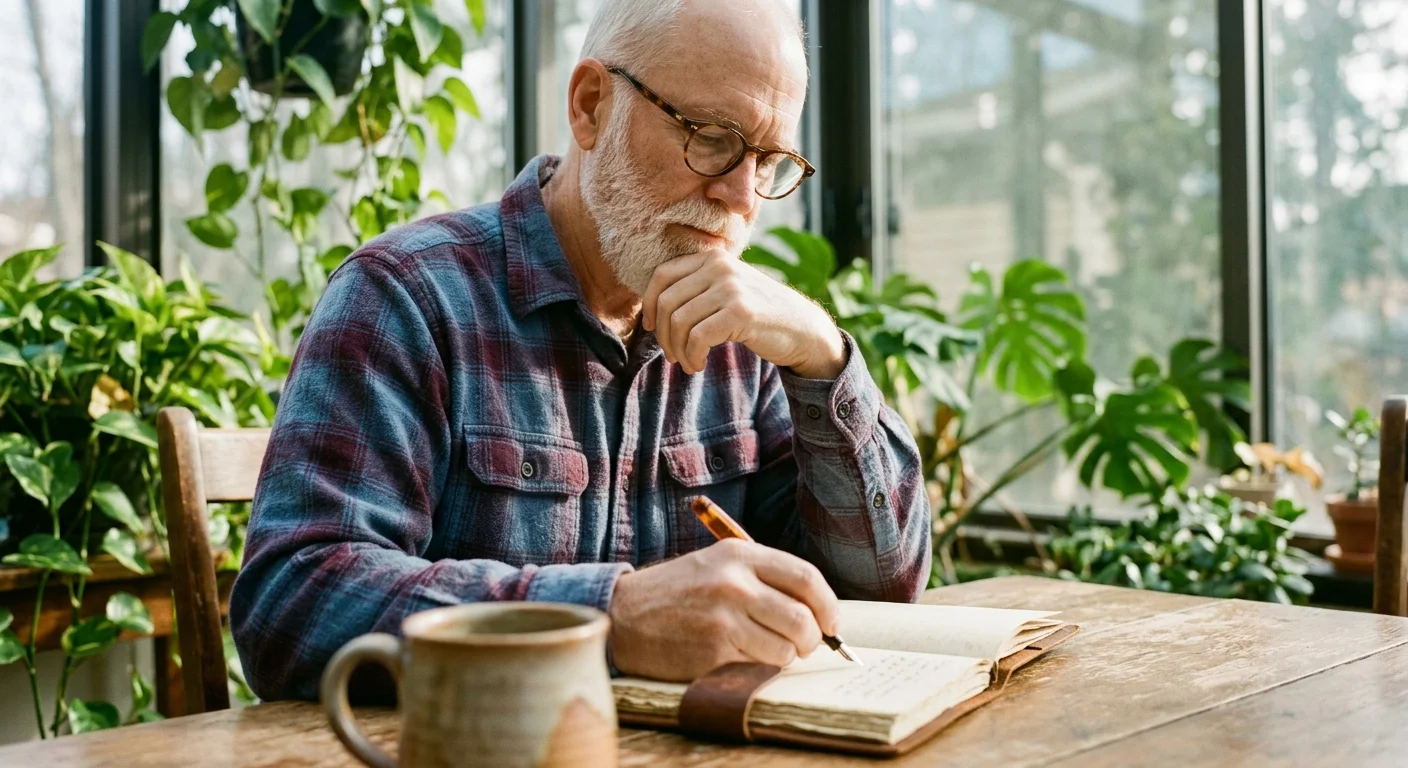 A senior man with a beard writing in a journal in a sunlit room, surrounded by plants.