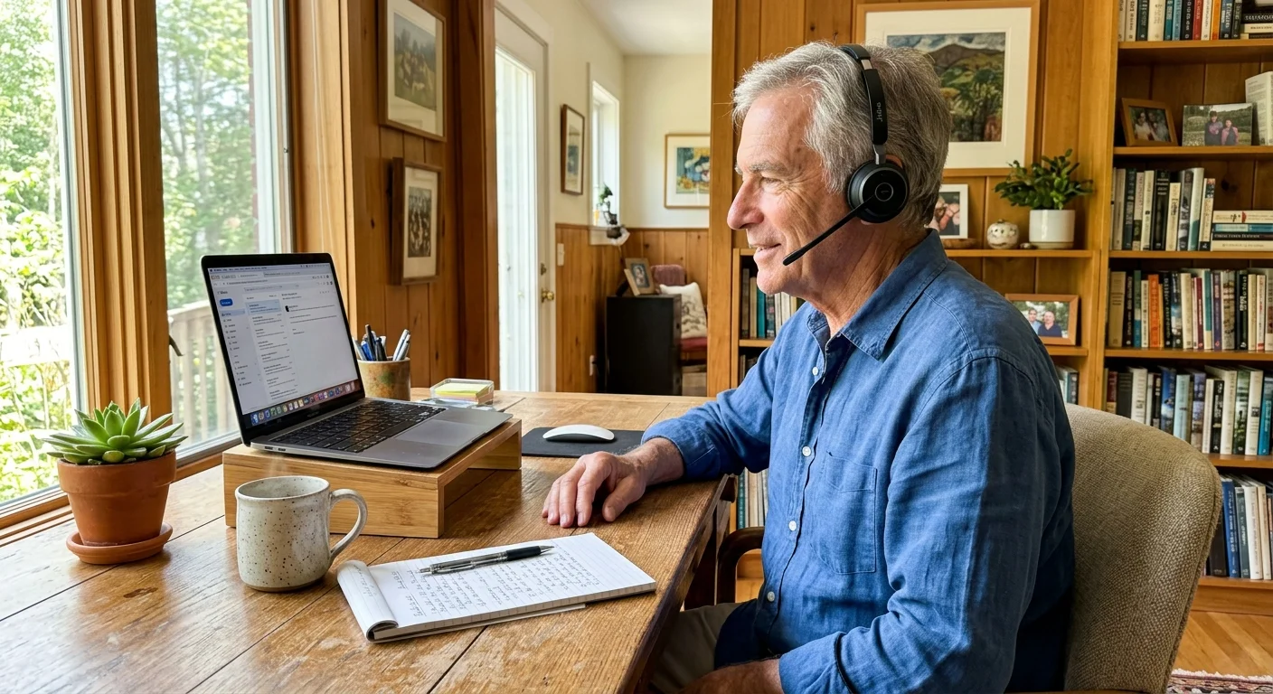 A senior man working on a laptop at a warm oak desk in a bright, cozy home office.