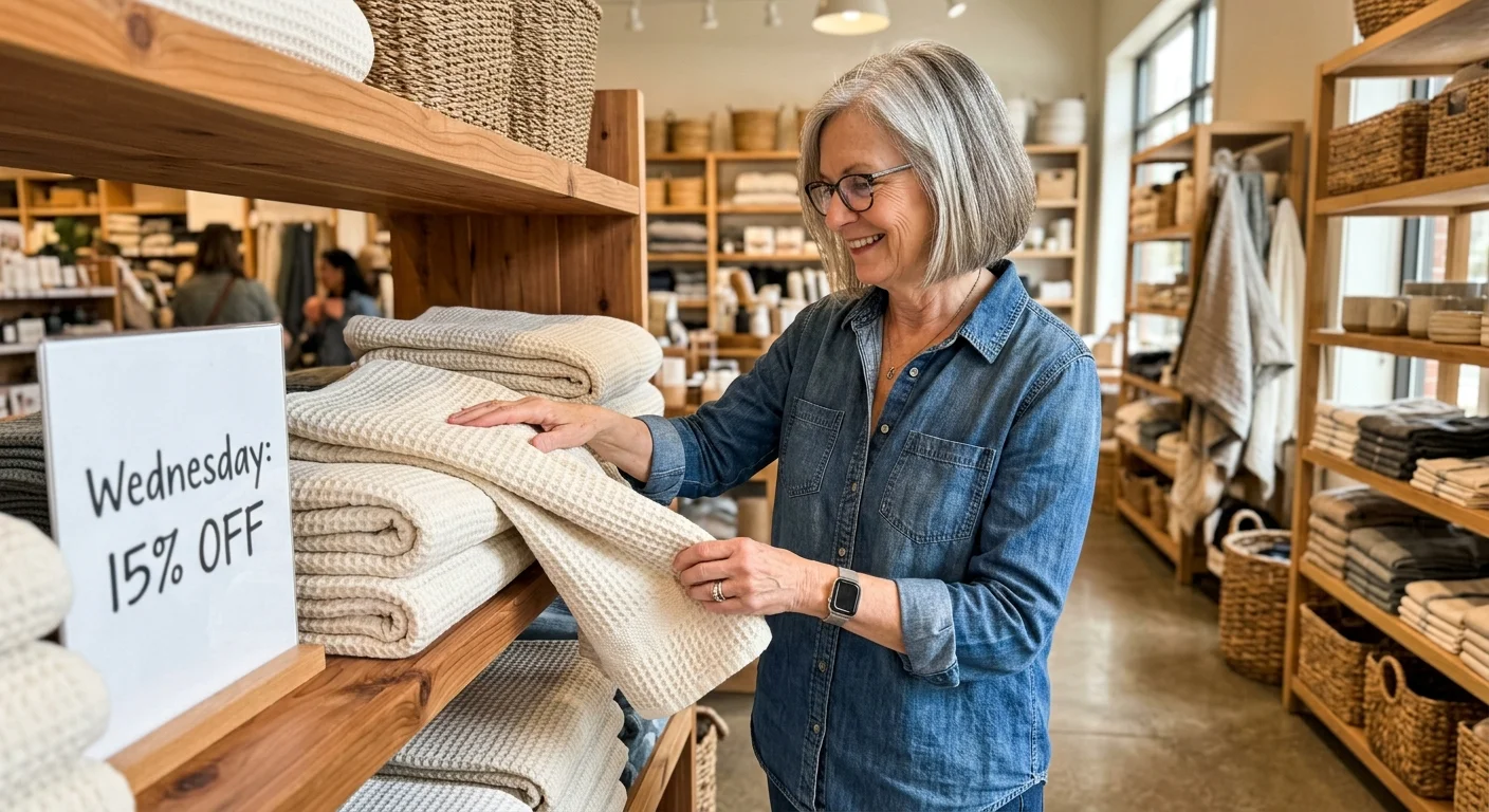 A senior woman checks the quality of a soft towel in a brightly lit store aisle with a 15% Wednesday sign visible.
