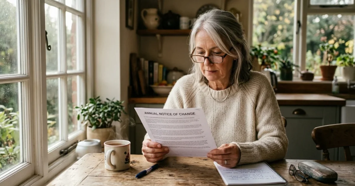 A senior woman in a knit sweater reviewing her Medicare Annual Notice of Change document at her kitchen table.
