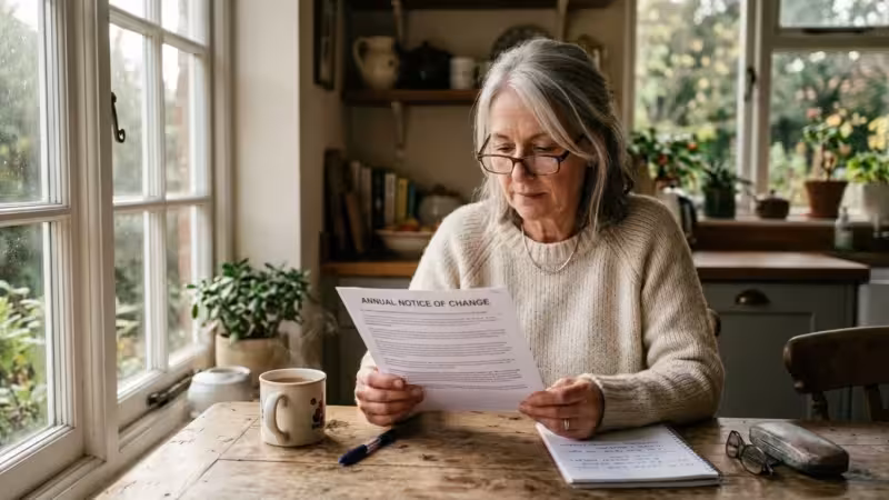 A senior woman in a knit sweater reviewing her Medicare Annual Notice of Change document at her kitchen table.
