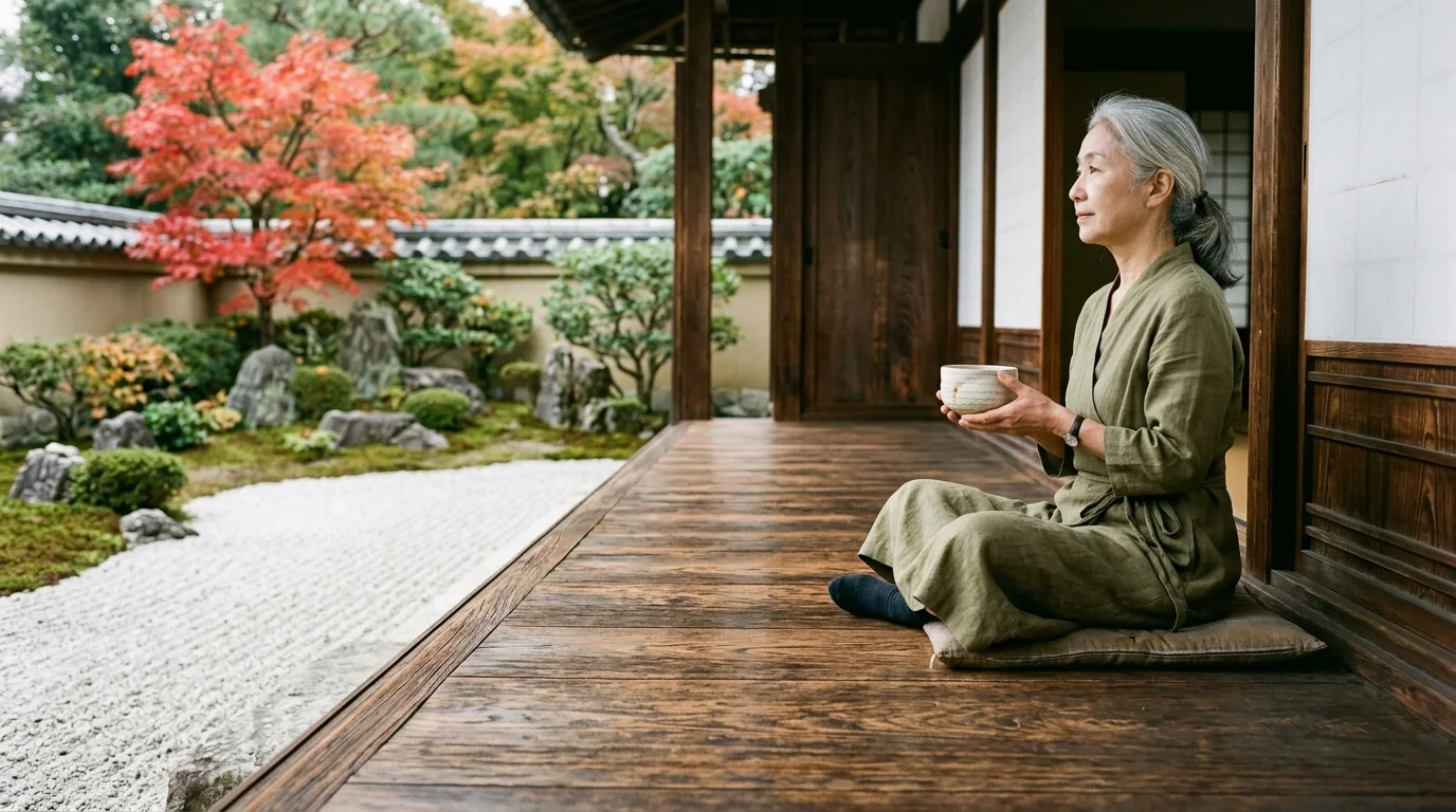 A senior woman sits on a wooden veranda in Kyoto, Japan, holding a tea bowl and looking out at a peaceful Zen garden.