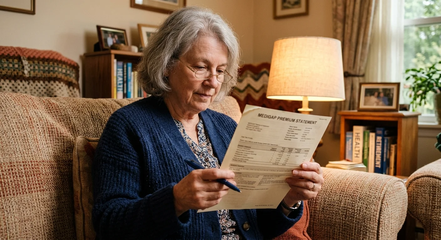 A senior woman sitting on a living room couch reviewing a Medigap premium insurance document.