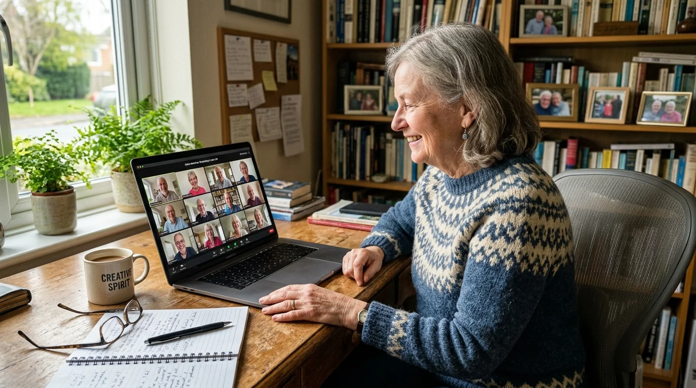 A senior woman smiling during a live virtual workshop on her laptop in her cozy home office.